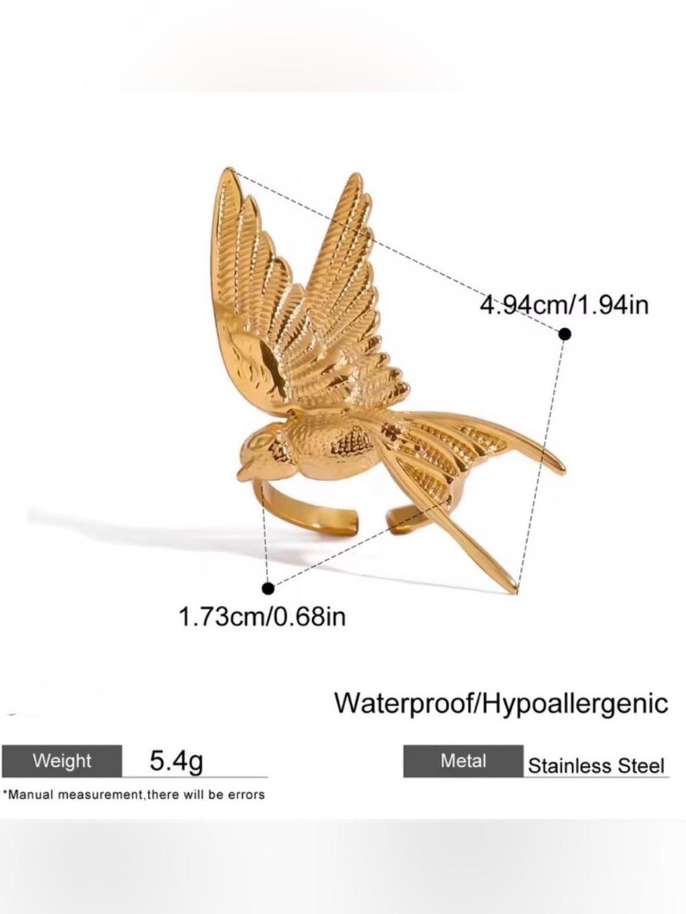Gold Bird Motif Necklace Earrings and Ring Set
Waterproof Tarnish free - Picture 6 of 7